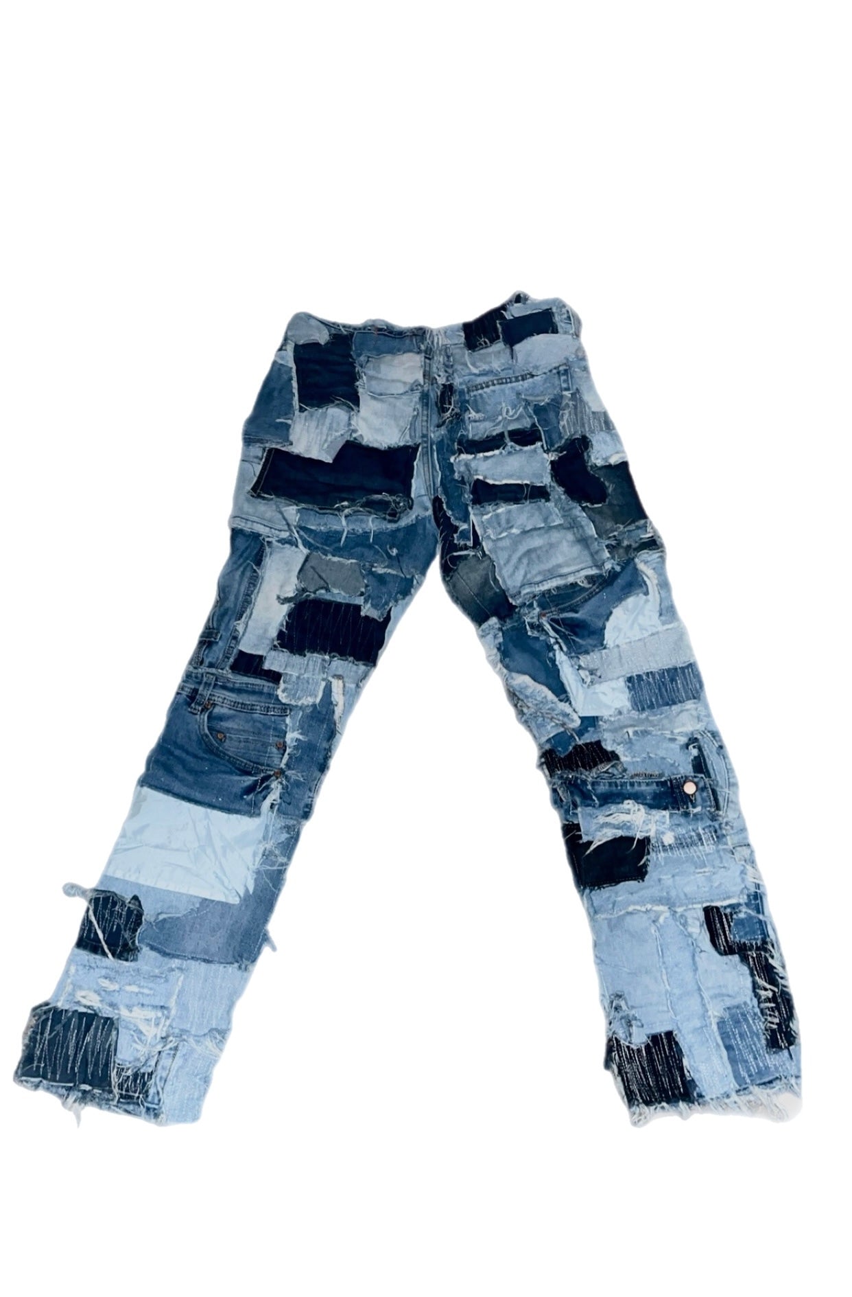 “PATCH JEANS” denim on denim reworked patch blue jeans
