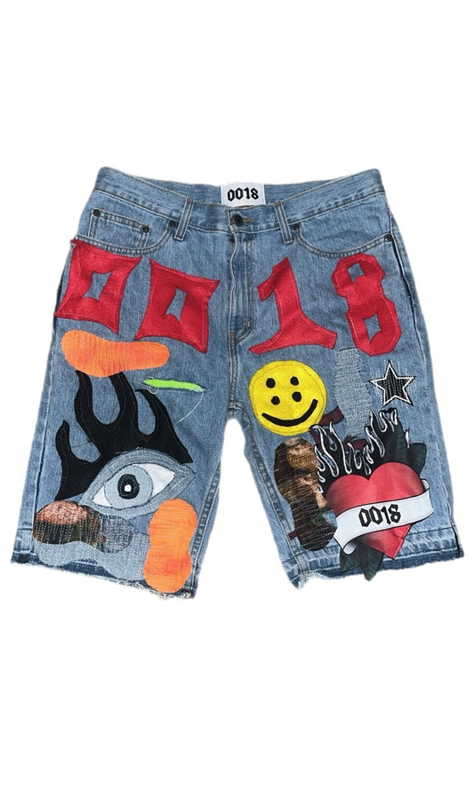 “iL0VE0018” denim shorts with random hand made pieces sewn together