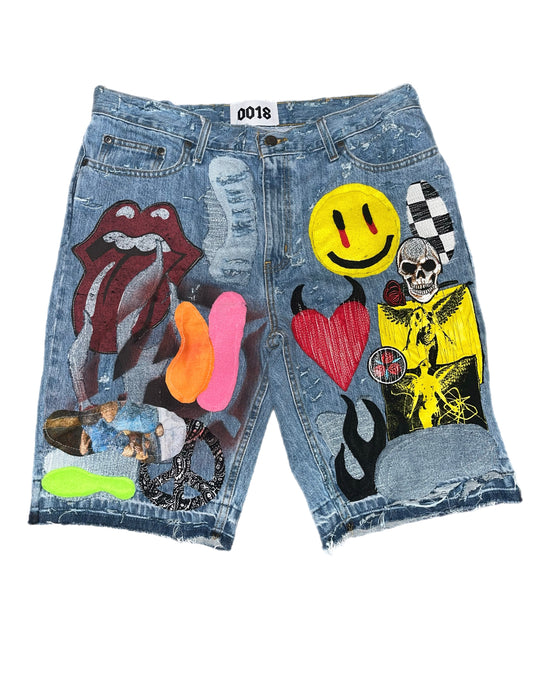 “DARK DREAMS” 1of1 denim shorts with random pieces coming together