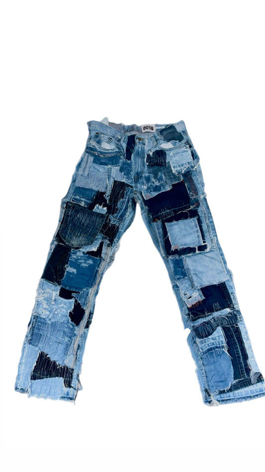 “PATCH JEANS” denim on denim reworked patch blue jeans