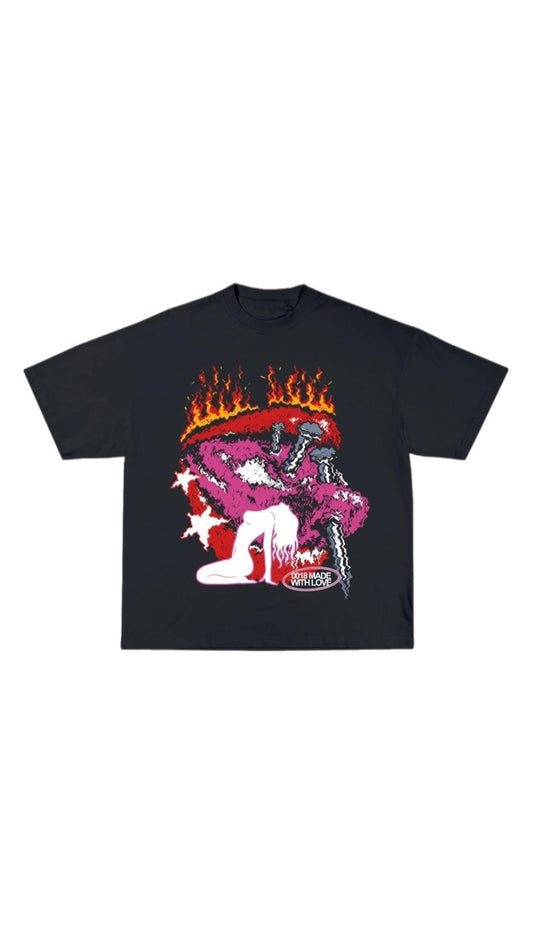 “TONGUE TIED” black T shirt with tongue design