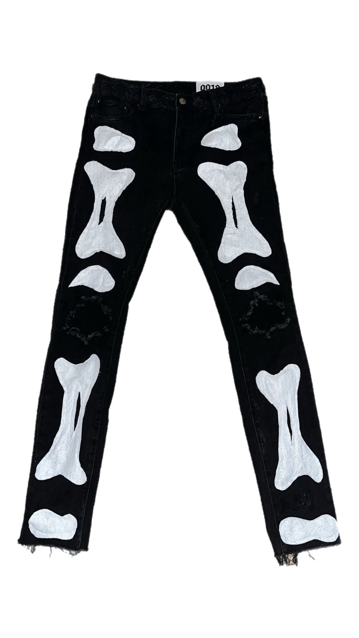 “0re0” faded black jeans with white bone print